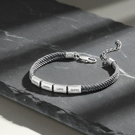Bracelet Gravé Homme – Corde Style Marin et Plaque en Acier Inoxydable avec Prénoms, Cadeau pour Lui, Papa, Fête des Pères