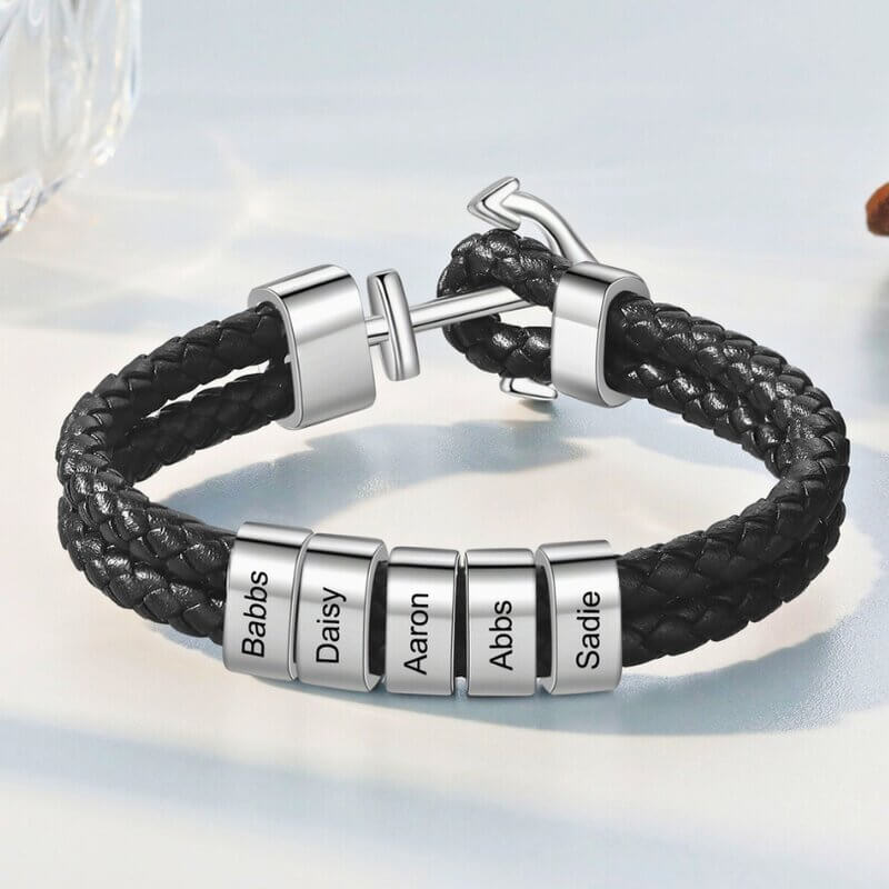 Bracelet Gravé Homme – Cuir avec Ancre Marine et 2 à 5 Perles Prénom en Acier Inoxydable, Cadeau pour Lui, Papa, Anniversaire