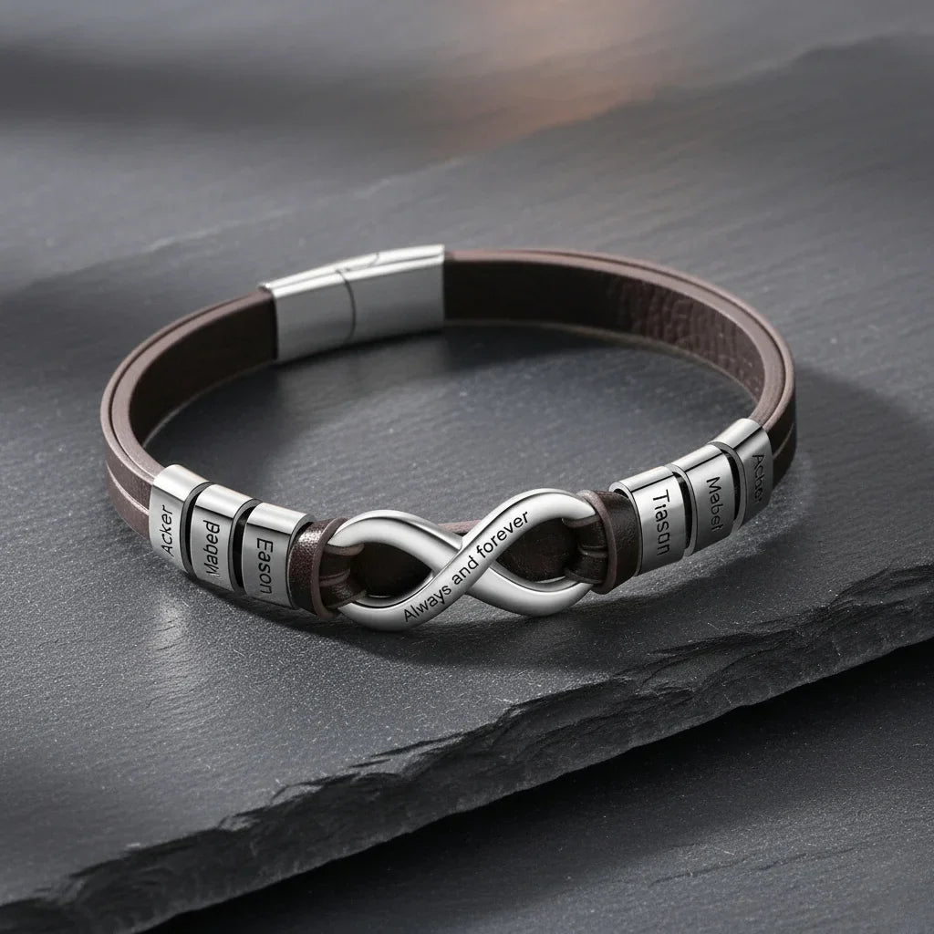 Bracelet Gravé Homme – Cuir avec Fermoir en Acier Inoxydable, 2 à 6 Prénoms Gravés, Cadeau pour Lui, Papa, Fête des Pères