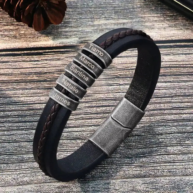 Bracelet Gravé Homme – Cuir Noir avec 2 à 5 Perles Prénom en Acier Inoxydable, Cadeau pour Lui, Papa, Anniversaire