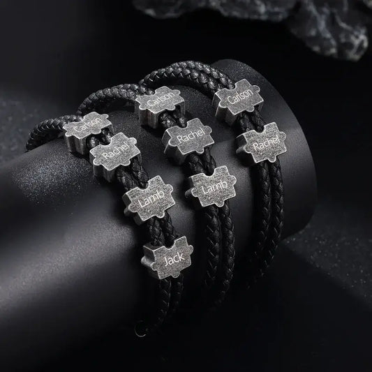 Bracelet Gravé Homme – Cuir Noir et Perles Puzzle Personnalisées en Acier Inoxydable, Cadeau pour Lui, Papa, Anniversaire