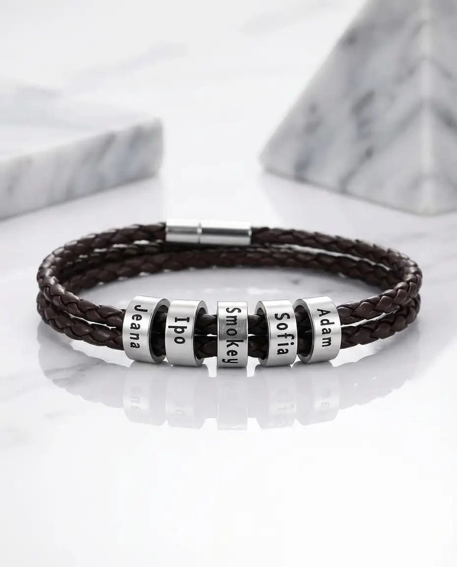 Bracelet Gravé Homme – Cuir Tressé Marron et Perles en Argent Sterling 925, Prénoms Gravés, Cadeau pour Papa, Papy, Fête des Pères