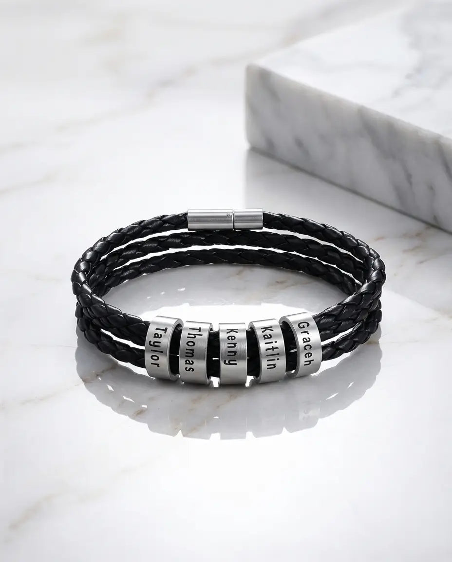 Bracelet Gravé Homme – Cuir Véritable Tressé, 1 à 5 Perles Gravées au Prénom, Fermoir Aimanté, Cadeau pour Lui, Papa