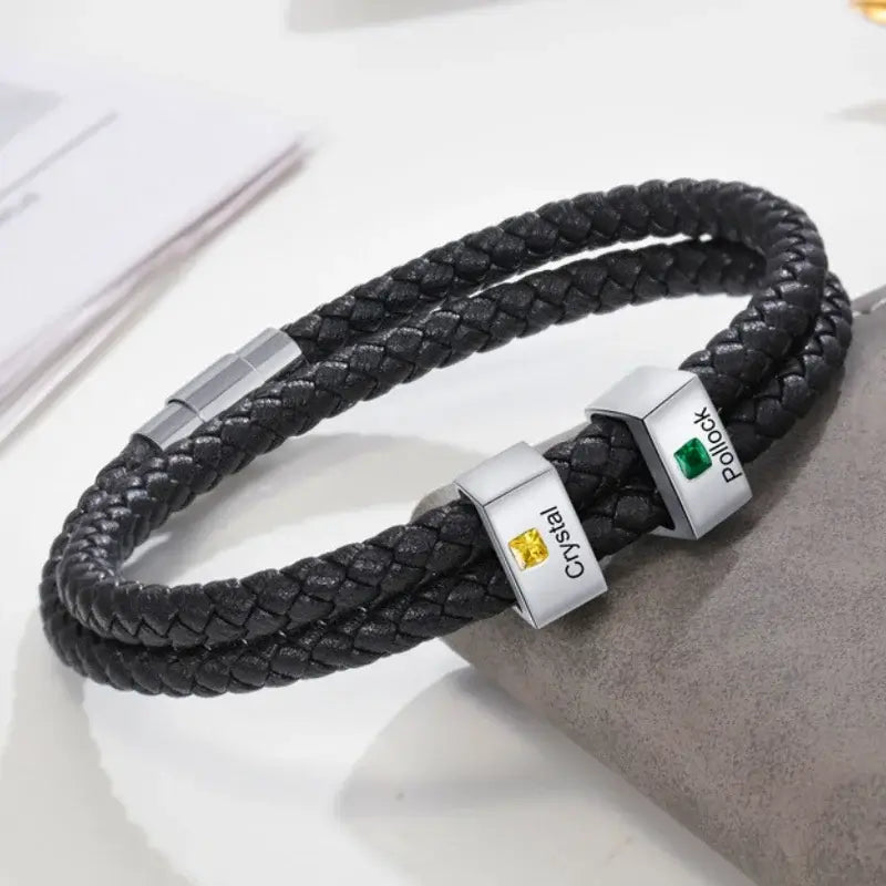 Bracelet Gravé Homme – Cuir Noir et Acier Inoxydable, Prénoms et Pierres de Naissance, Cadeau pour Lui, Papa