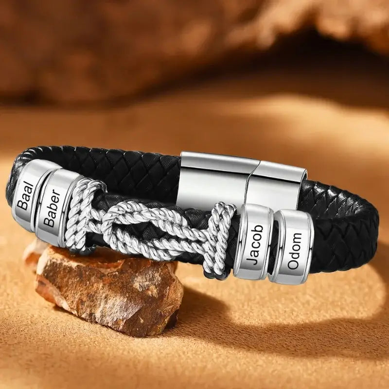 Bracelet Gravé Homme – Cuir Noir et Plaque en Acier Inoxydable Gravée d'un Prénom, Cadeau pour Lui, Papa, Anniversaire