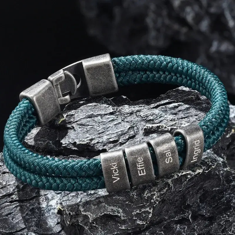 Bracelet Gravé Homme – Cordon Nylon Vert et Acier Inoxydable, Jusqu'à 4 Prénoms, Cadeau pour Papa, Petit Ami, Mari