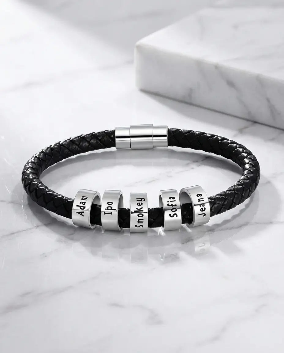 Bracelet Gravé Homme – Cordon Tressé et 1 à 5 Perles en Argent 925 Gravées, Prénoms ou Dates, Cadeau pour Lui, Papa, Fête des Pères