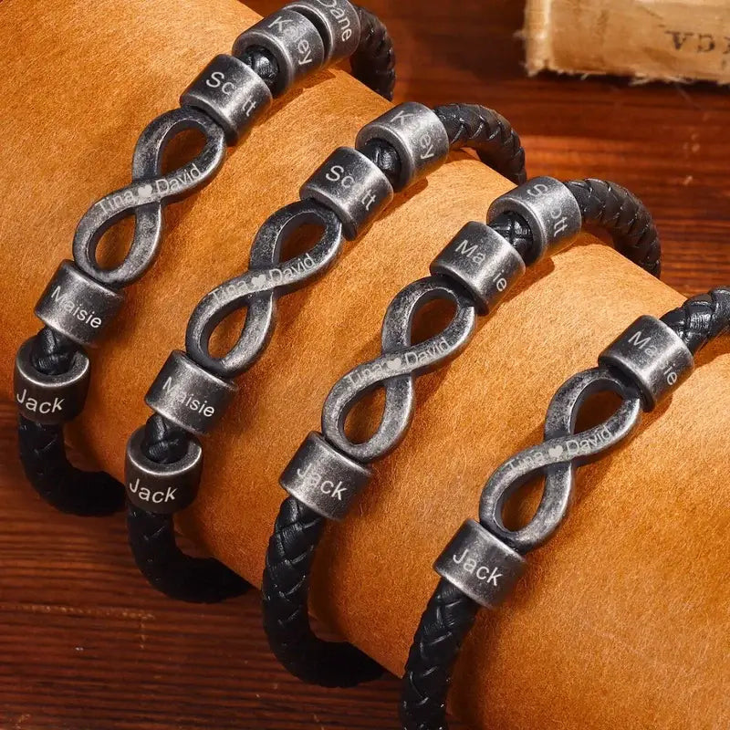 Bracelet Gravé Homme – Cuir Noir avec Symbole Infini en Acier, Prénom Personnalisé, Cadeau pour Lui, Papa, Anniversaire