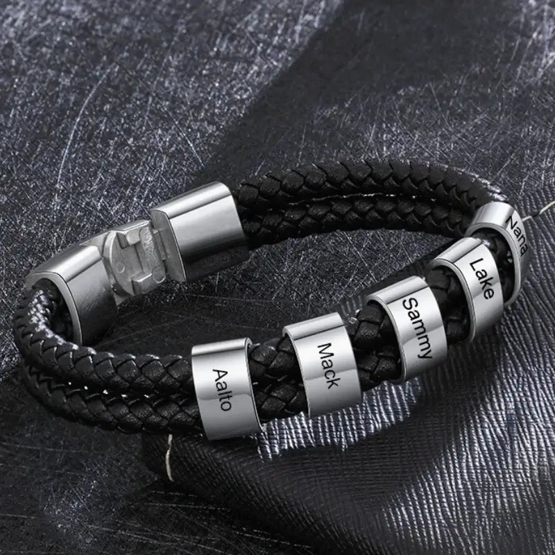 Bracelet Homme Gravé – Cuir Noir avec Perles Prénom en Acier Inoxydable, 1 à 8 Prénoms, Cadeau pour Lui, Papa