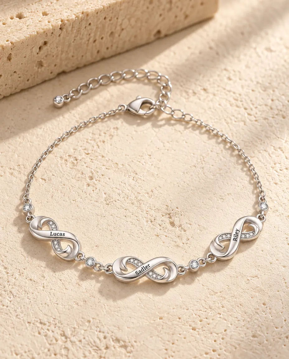 Bracelet Infini Prénom Personnalisé de 1 à 5 Prénoms - Charms Infini Gravés avec Zircons, Cadeau Famille ou Maman, Argenté
