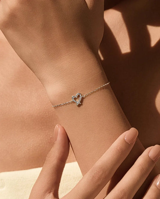 Bracelet Moissanite Cœur Ouvert en argent 925 – charm cœur irrégulier couleur D, fine chaîne à maillons