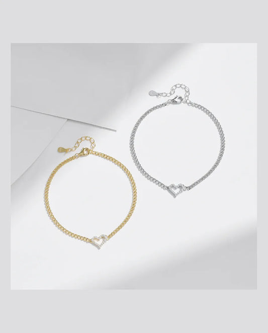 Bracelet Moissanite Cœur Ouvert sur chaîne gourmette – argent 925 ou doré à l'or fin, pierre couleur D, réglable