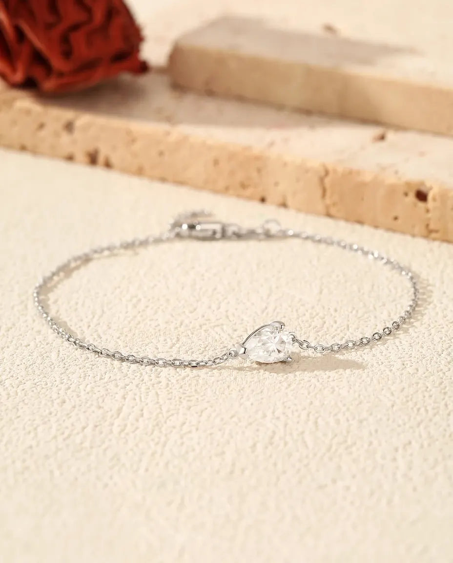 Bracelet Moissanite Goutte en argent 925 – solitaire taille poire de 0,8 ct couleur D, chaîne fine réglable