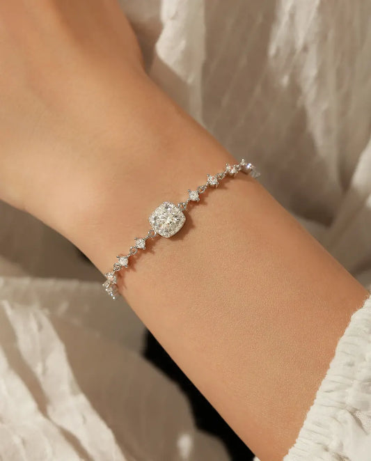Bracelet moissanite halo – pierre coussin de 0,8 ct couleur D en argent 925, chaîne réglable à rallonge