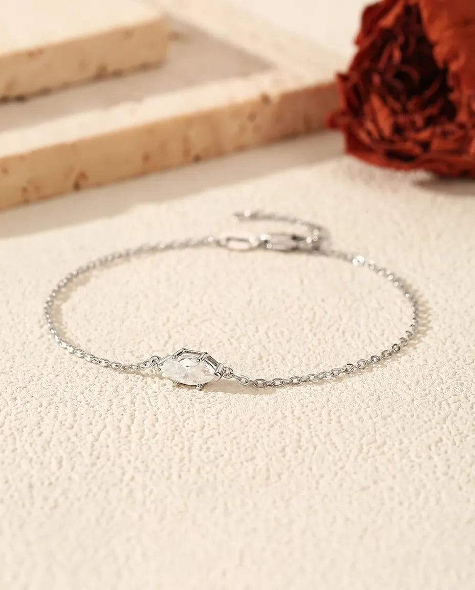 Bracelet Moissanite Marquise en argent 925 – solitaire taille marquise de 0,5 ct couleur D, chaîne fine