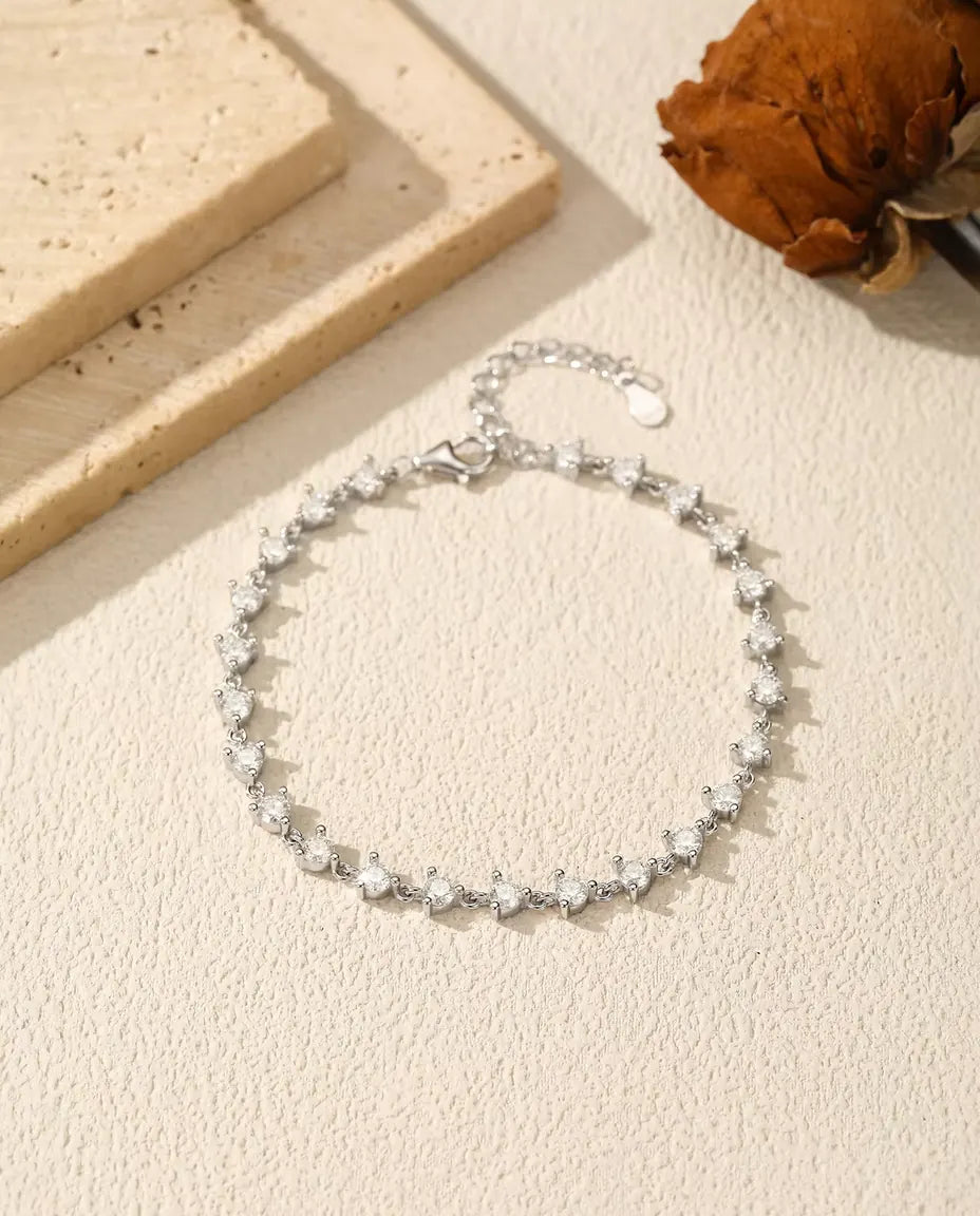 Bracelet moissanite - 24 pierres rondes couleur D serties une à une, argent 925, 16 cm avec rallonge