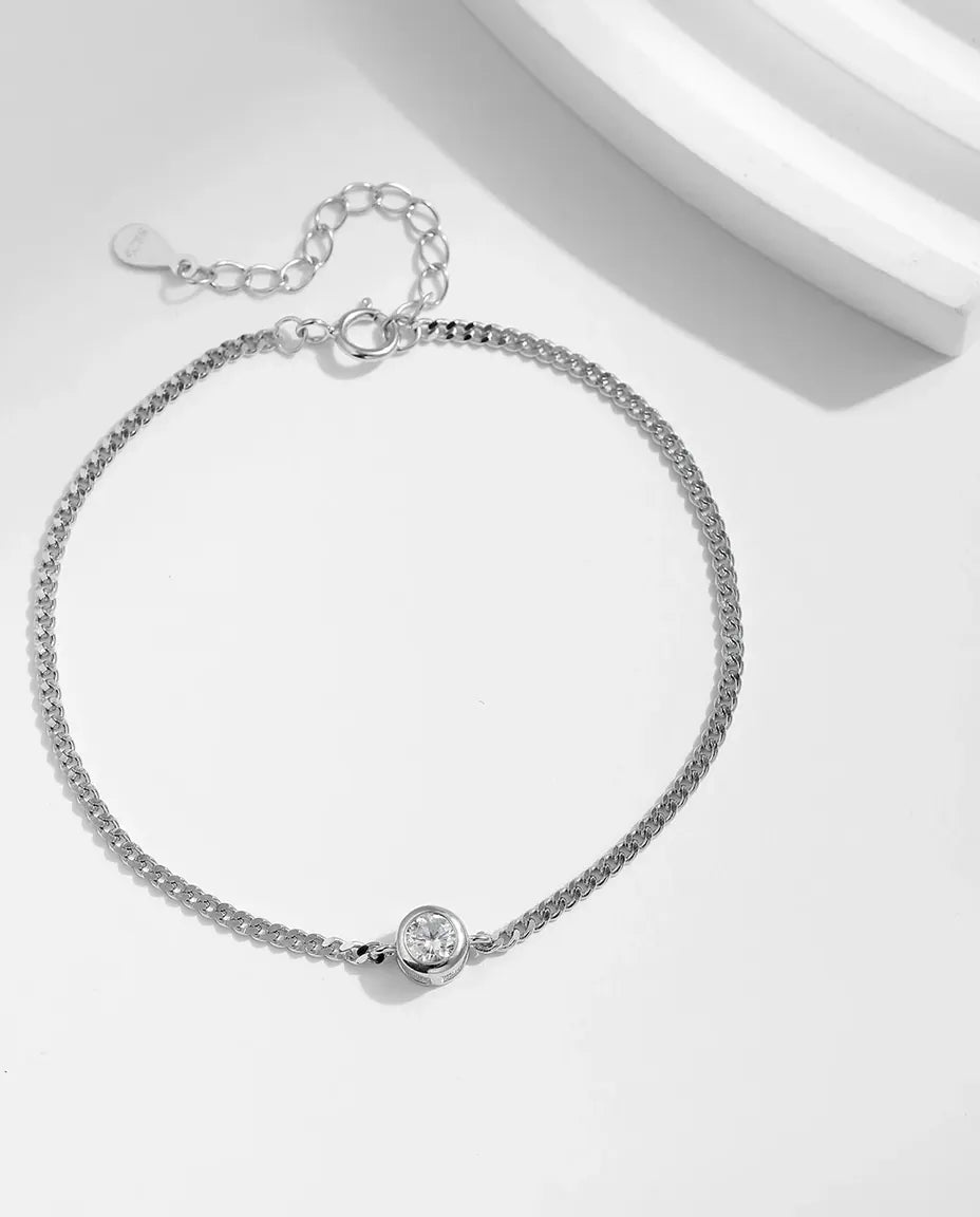 Bracelet moissanite serti clos 0,25 ct – pierre ronde de 4 mm couleur D, argent 925, chaîne coulissante