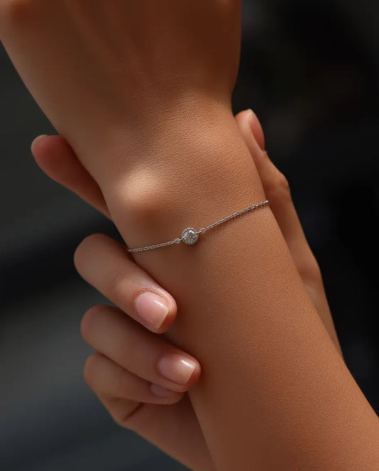 Bracelet Moissanite - pierre ronde 0,30 ct en serti perlé sur chaîne fine en argent 925, 16 + 3 cm