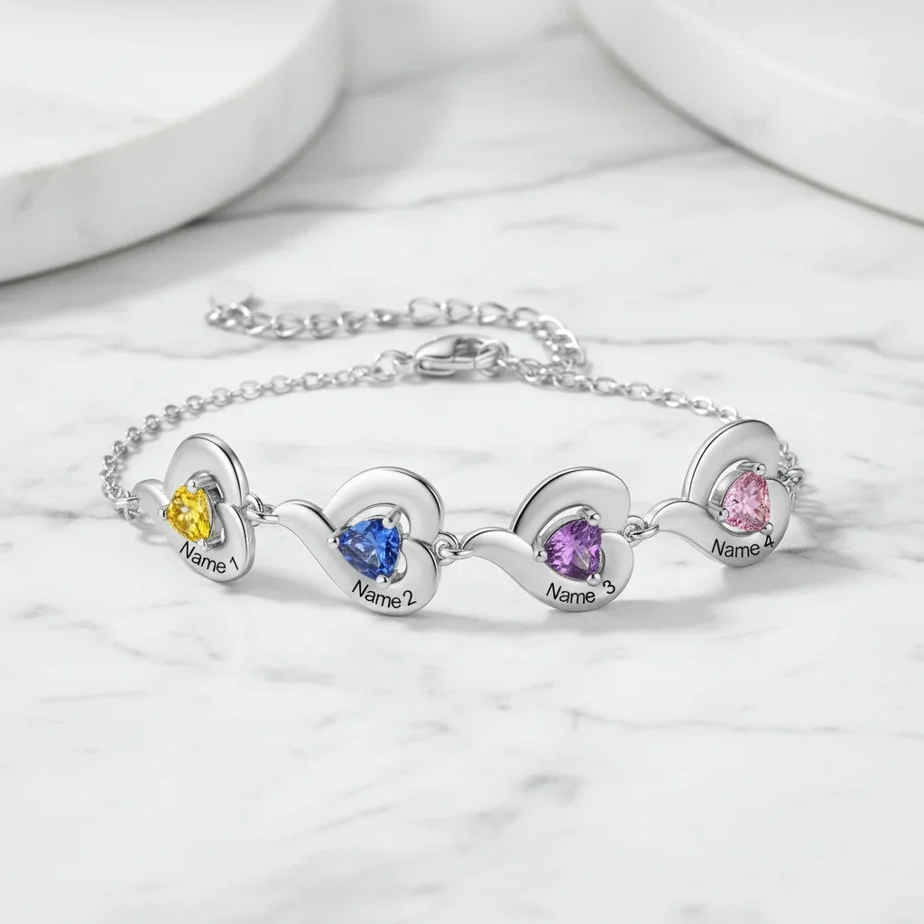 Bracelet Personnalisé Femme – Charms Cœurs Liés avec Prénoms Gravés et Pierres de Naissance, Cadeau pour Maman