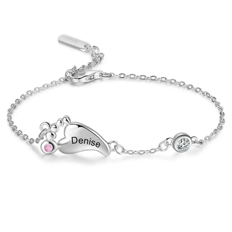 Bracelet Personnalisé Femme – Pieds de Bébé en Argent 925, Prénoms des Enfants et Pierres de Naissance, Cadeau pour Maman, Jeune Maman