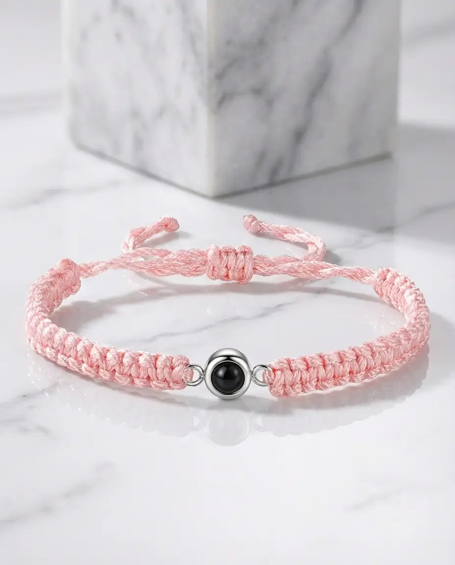 Bracelet Photo – Cordon Tressé Ajustable, Votre Photo dans la Perle Centrale, Cadeau pour Elle et Lui