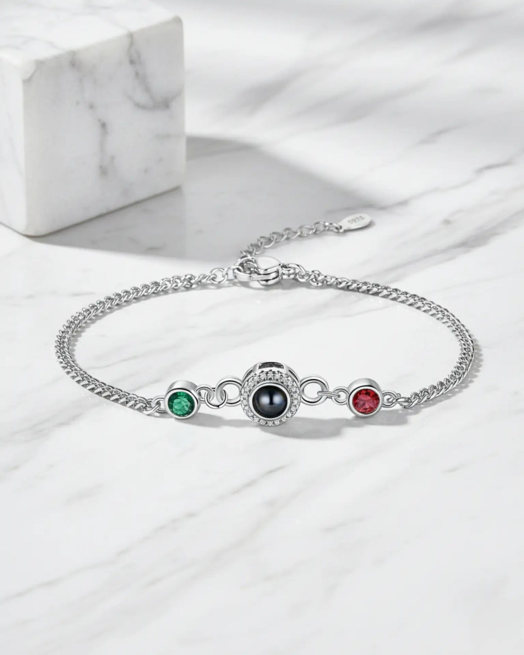 Bracelet Photo – Personnalisé avec 2 Pierres de Naissance, Projection de Votre Image, Cadeau pour Elle, Anniversaire