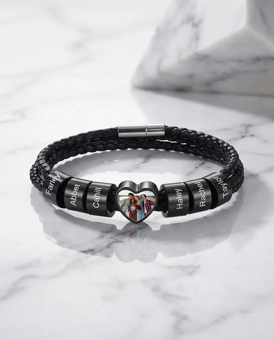 Bracelet Photo Homme – Charm Cœur en Acier Inoxydable avec Photo Personnalisée et Prénoms Gravés, Cadeau pour Papa, pour Lui