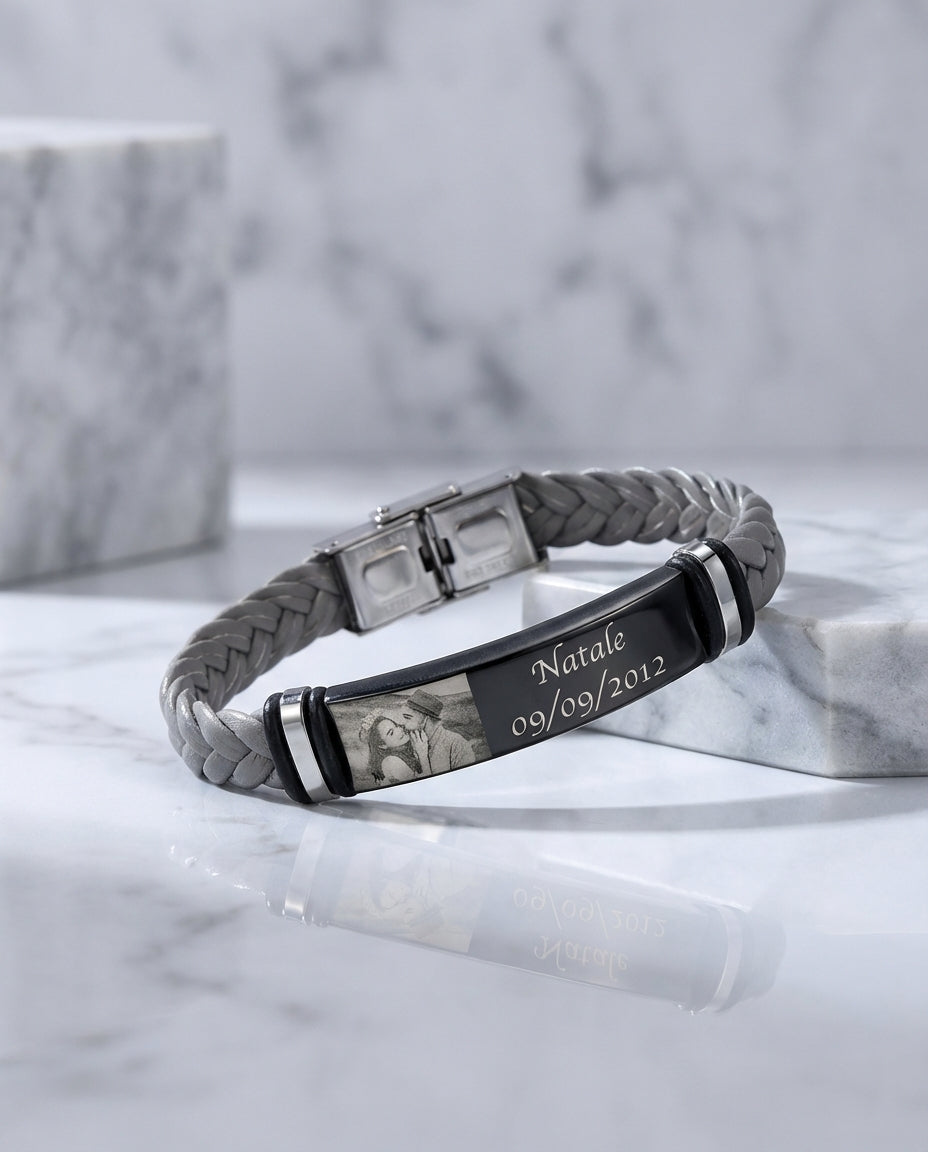 Bracelet Photo Homme – Cuir Tressé et Acier Inoxydable, Photo et Gravure Personnalisées, Cadeau pour Lui, Papa