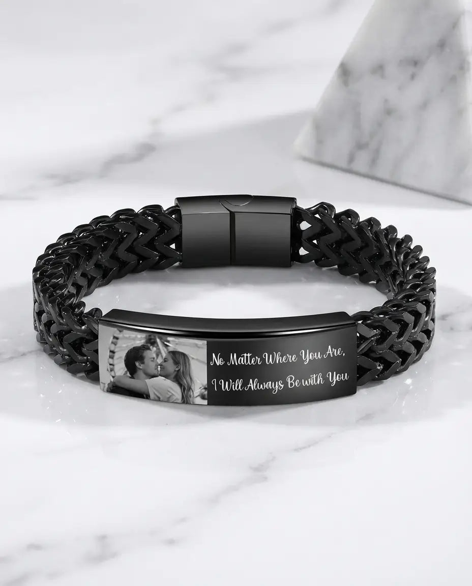 Bracelet Photo Homme – Gourmette Acier Inoxydable avec Plaque Gravée et Photo à l'Intérieur, Cadeau pour Papa