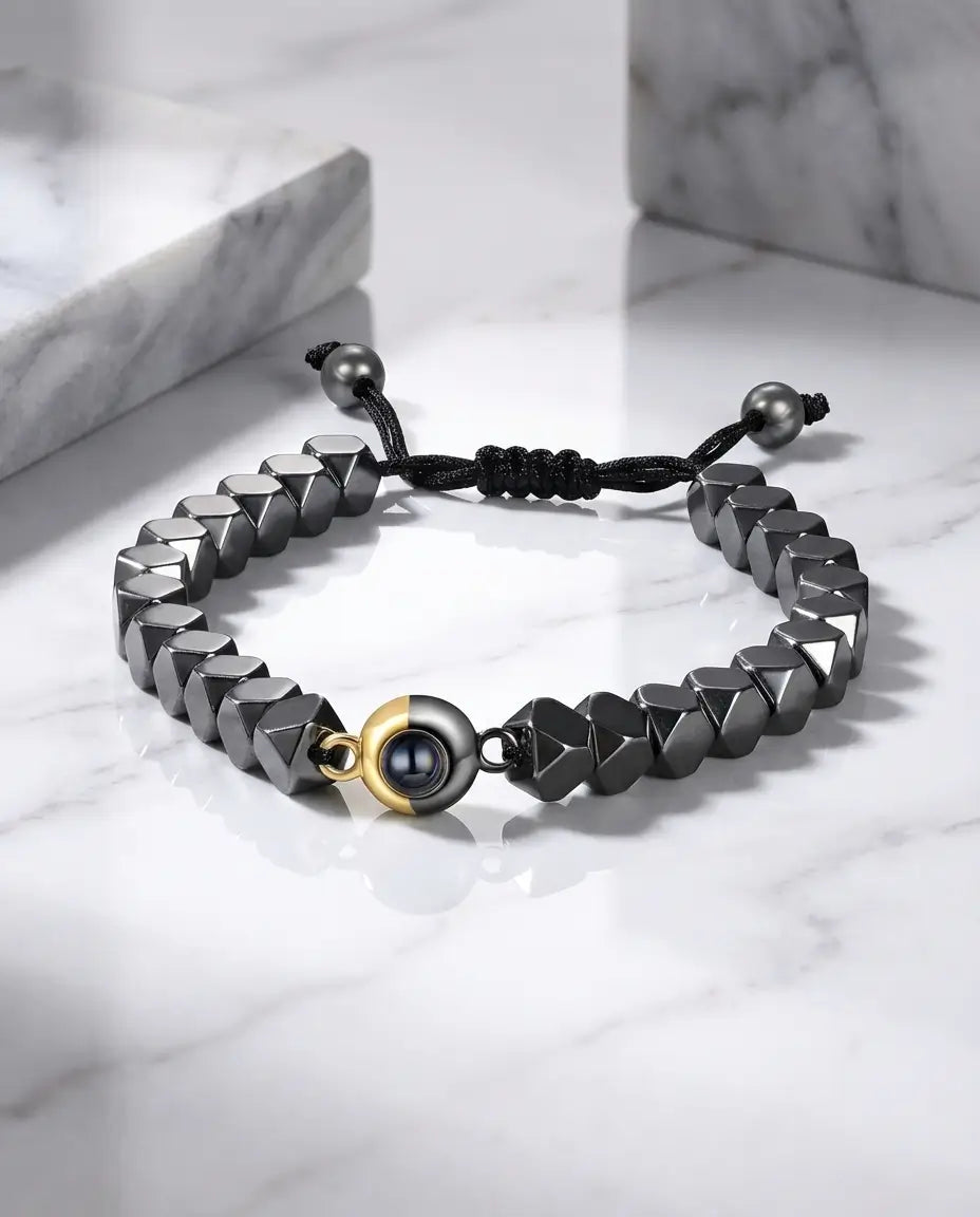 Bracelet Photo – Perles d'Hématite Véritable, Pierre de Projection avec Votre Photo, Cadeau Mixte pour Elle et Lui