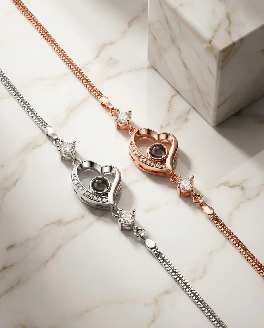 Bracelet Photo Projection – Charm Cœur à Double Chaîne, Photo Cachée dans la Pierre, Cadeau pour Elle, Anniversaire