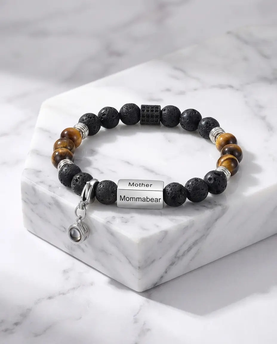 Bracelet Photo – Perles Œil de Tigre et Pierre de Lave, Projection Photo et Barre Gravée jusqu'à 4 Prénoms, Cadeau pour Lui