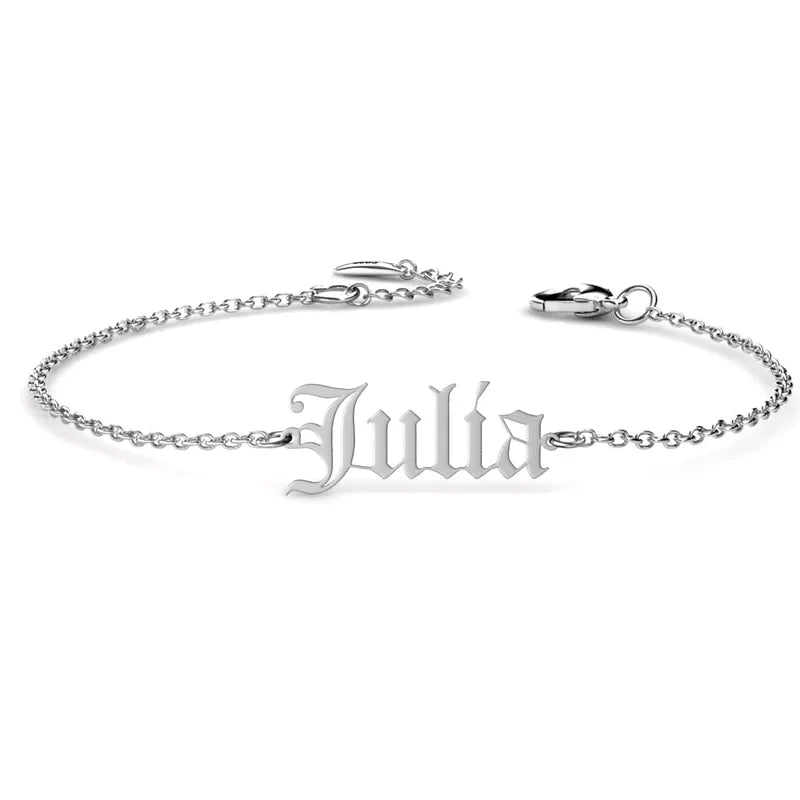Bracelet Gravé Femme – Prénom en Écriture Gothique Old English, Argent Sterling 925, Argent, Or, Or Rose, Cadeau pour Elle