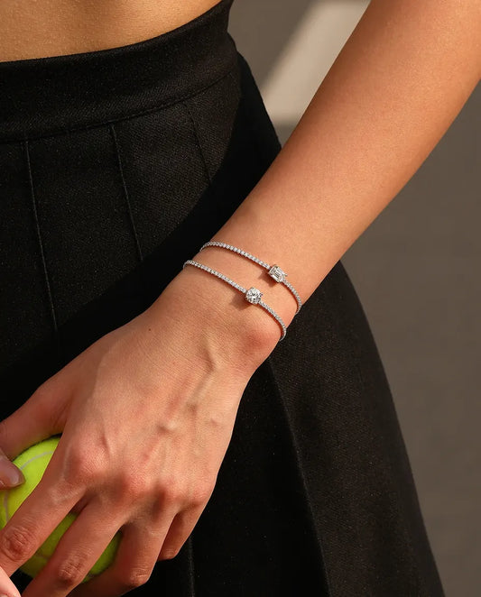 Bracelet tennis moissanite taille émeraude 1 ct – pierre centrale couleur D et ligne de rondes, argent 925