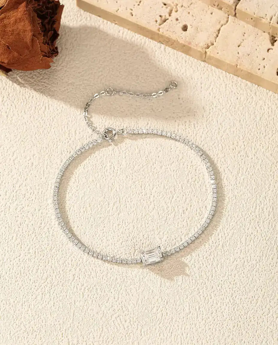 Bracelet Tennis Moissanite Taille Émeraude - 1,00 ct couleur D, 5 x 7 mm, argent massif 925, 16 + 5 cm
