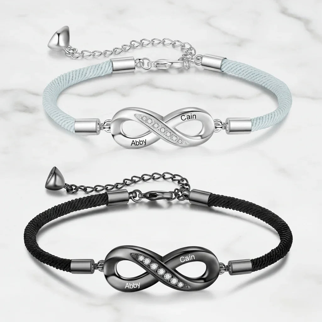 Bracelets Couple – Symbole infini gravé avec vos prénoms, lot de 2, cadeau pour couple, anniversaire de mariage