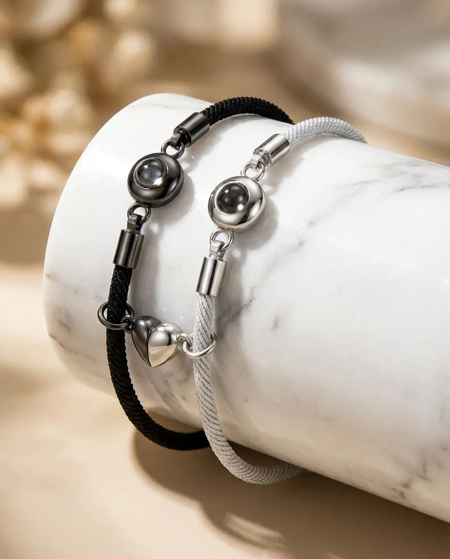 Bracelets Couple – Cœurs Magnétiques avec Projection Photo, Corde Tissée, cadeau pour couple