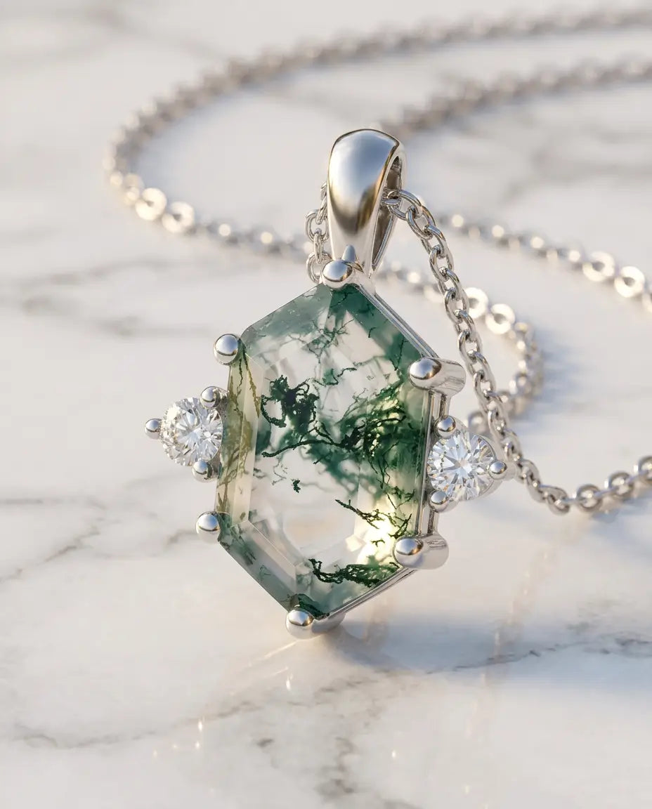 Collier Agate Mousse – Petit Pendentif Hexagone 15,7 mm, Argent 925 Plaqué Platine, Pierre Verte, Cadeau pour Elle