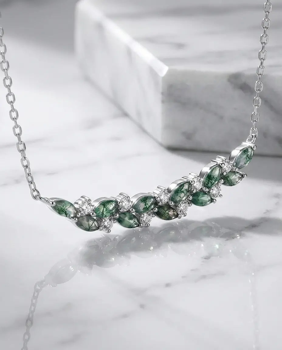 Collier Agate Mousse – Barre Branche Feuillue, Marquises 2x4 mm et Zircons, Argent Sterling, Cadeau pour Elle