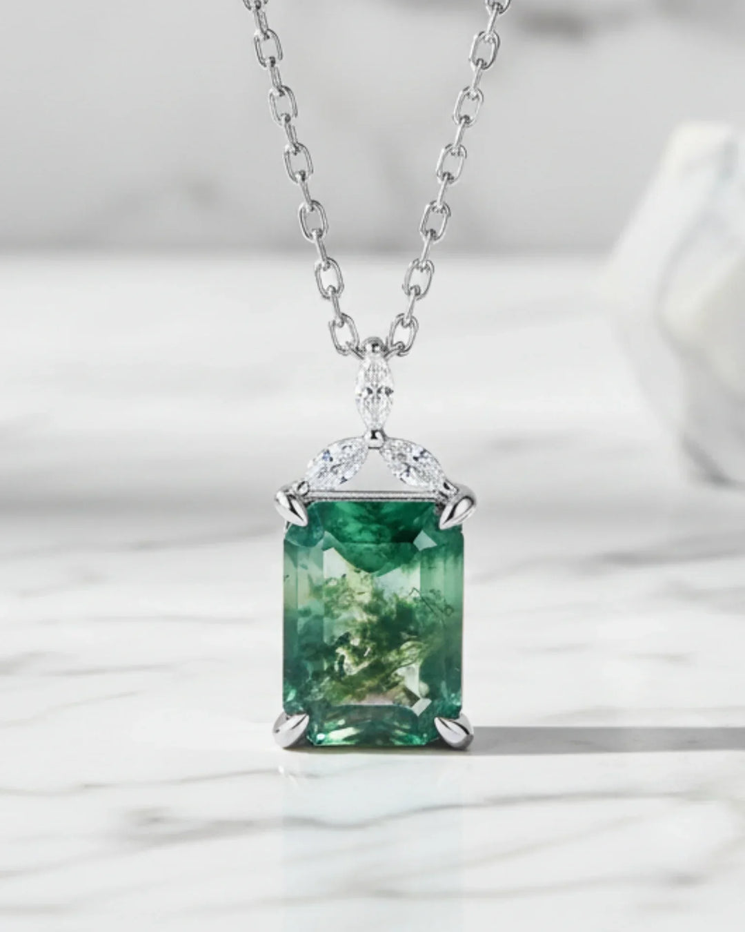 Collier Agate Mousse – Pendentif Taille Émeraude, Zircons Marquise, Argent 925, Pierre Verte, Cadeau pour Elle