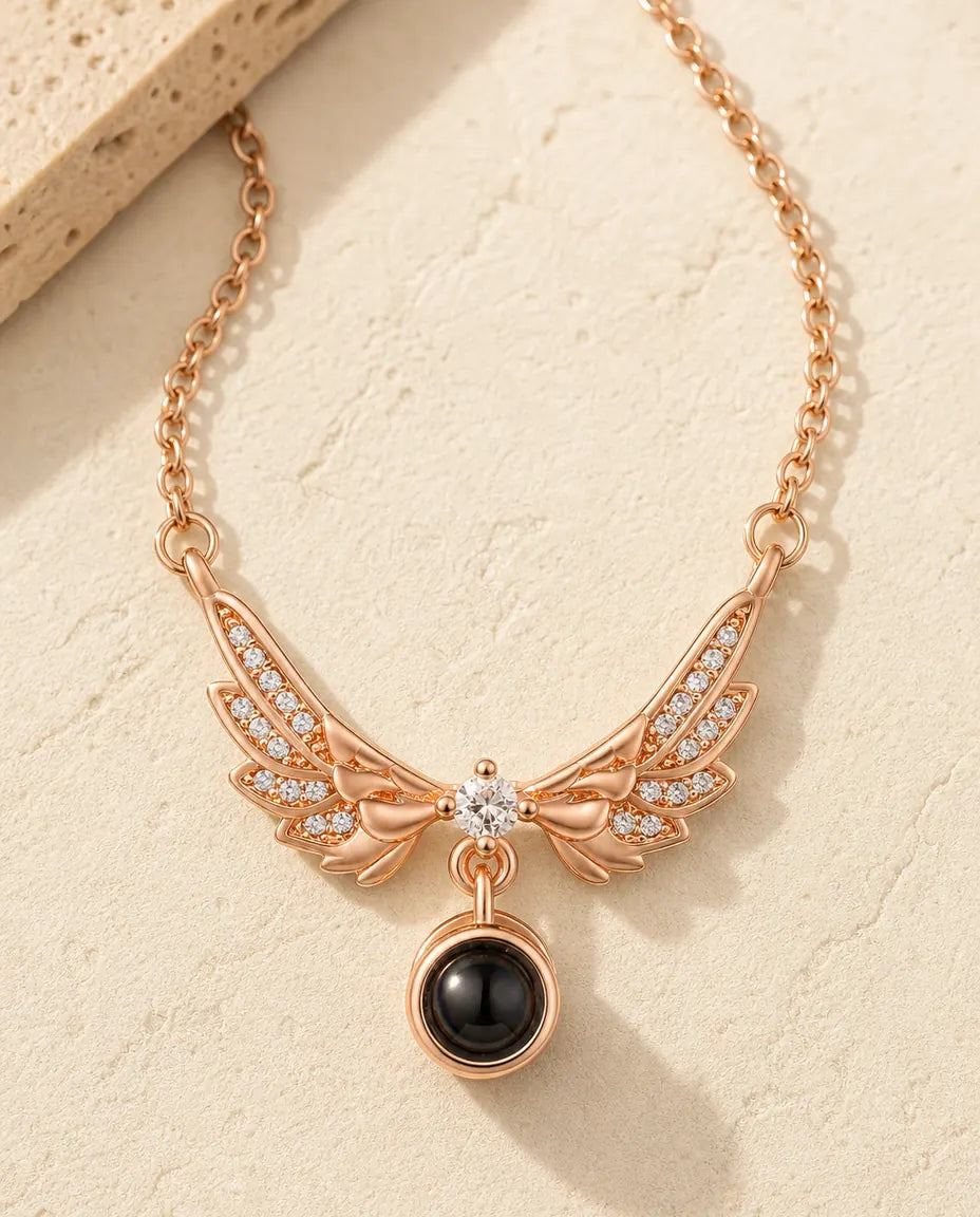 Collier Ailes d'Ange à Projection Photo en Or Rose, Ailes Serties de Zircons avec Votre Photo à l'Intérieur, Cadeau Souvenir