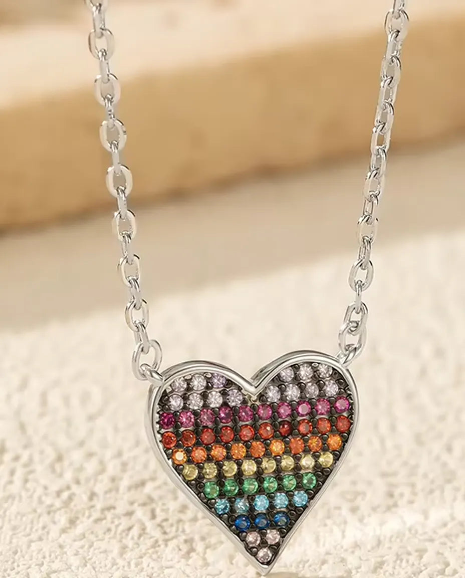 Collier Cœur Arc-en-ciel - pendentif pavé en dégradé de zircons, chaîne 40+5 cm, argent 925
