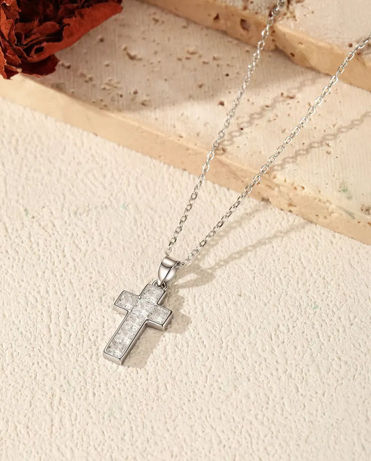 Collier Croix Pavée - pendentif 10 x 17 mm à bélière fixe, chaîne fine 40+5 cm en argent sterling 925