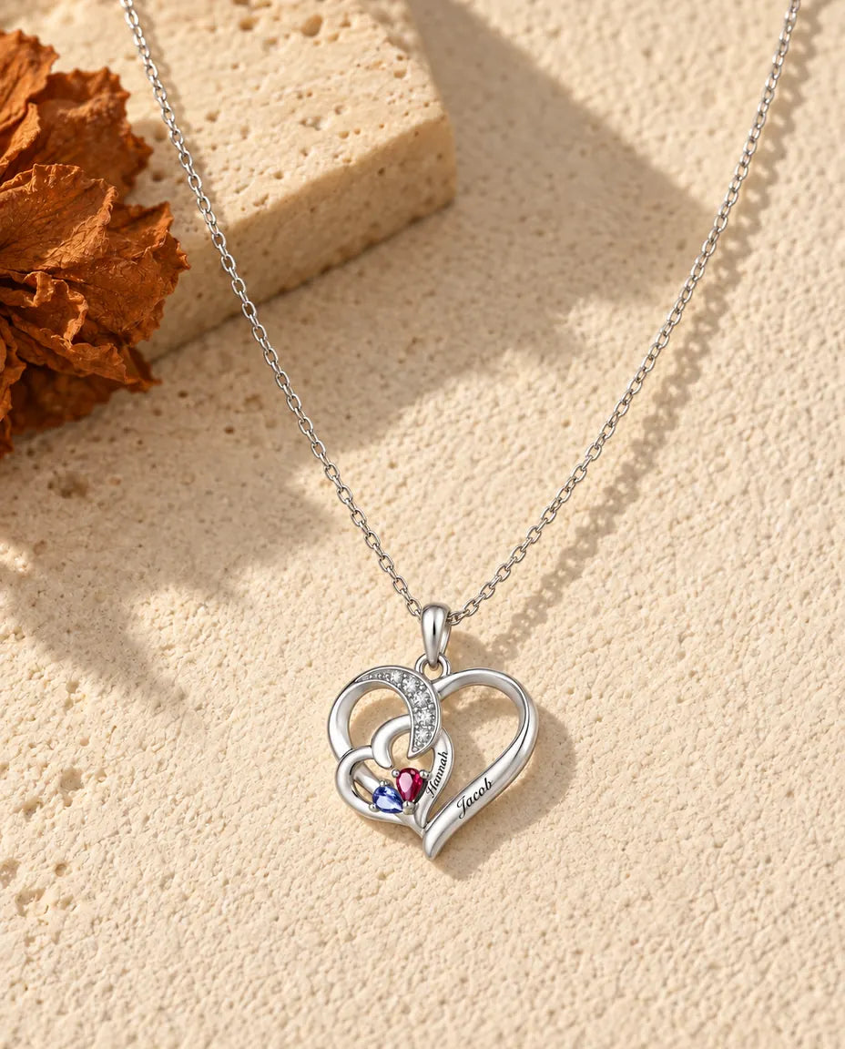 Collier pierre de naissance personnalisé 2 prénoms - deux cœurs entrelacés, deux pierres poire, rhodié