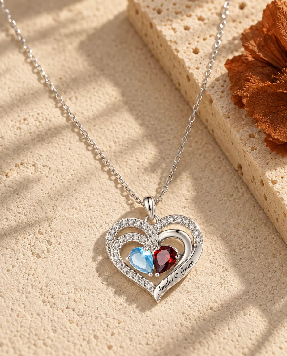 Collier pierre de naissance personnalisé 2 prénoms - pendentif double cœur, deux pierres poire, rhodié