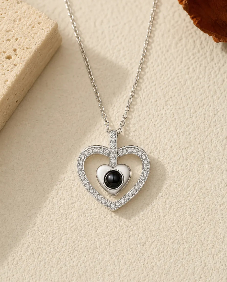 Collier double cœur photo projection personnalisé, cœur pavé de zircons avec votre photo dans la perle, cadeau pour elle