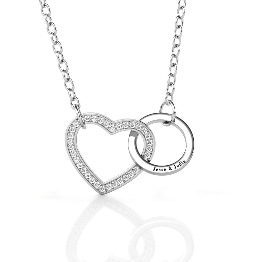 Collier Gravé – Pendentif Cœur et Cercle Entrelacés en Argent Sterling 925, Cristal, Cadeau pour Elle, Anniversaire