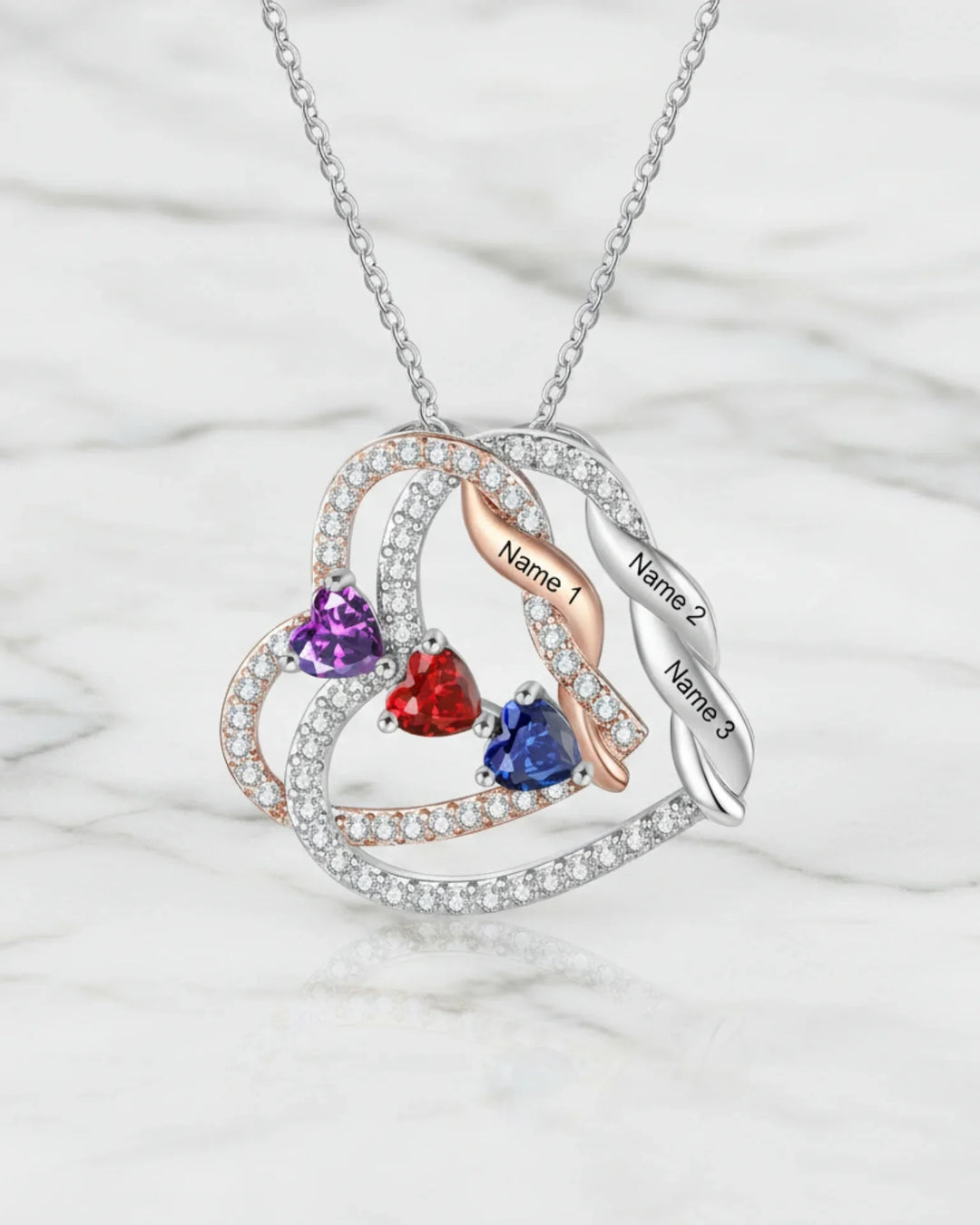 Collier Gravé Double Cœur – 2 à 4 Prénoms avec Pierres de Naissance, Cuivre, Cadeau pour Elle ou Maman