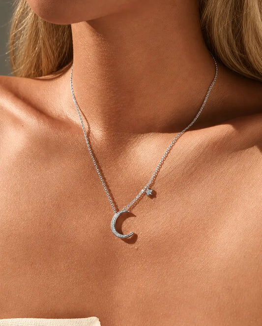 Collier Lune et Étoile en Argent 925 – Pendentif Croissant de Lune Pavé de Zircones avec Petite Breloque Étoile, Collier Céleste Cadeau pour Elle