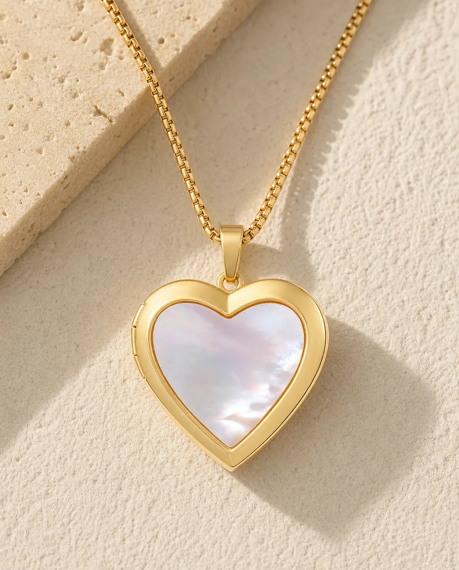 Collier Médaillon Cœur en Nacre pour 2 Photos, Médaillon Cœur Poli en Or, Cadeau Photo Personnalisé